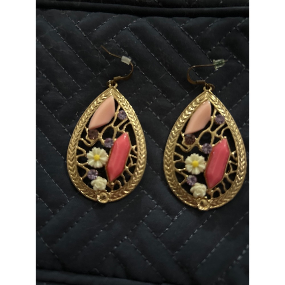 Bohemian Dangle Earrings Gold Tone Pink Peach Flowers Boho Statement